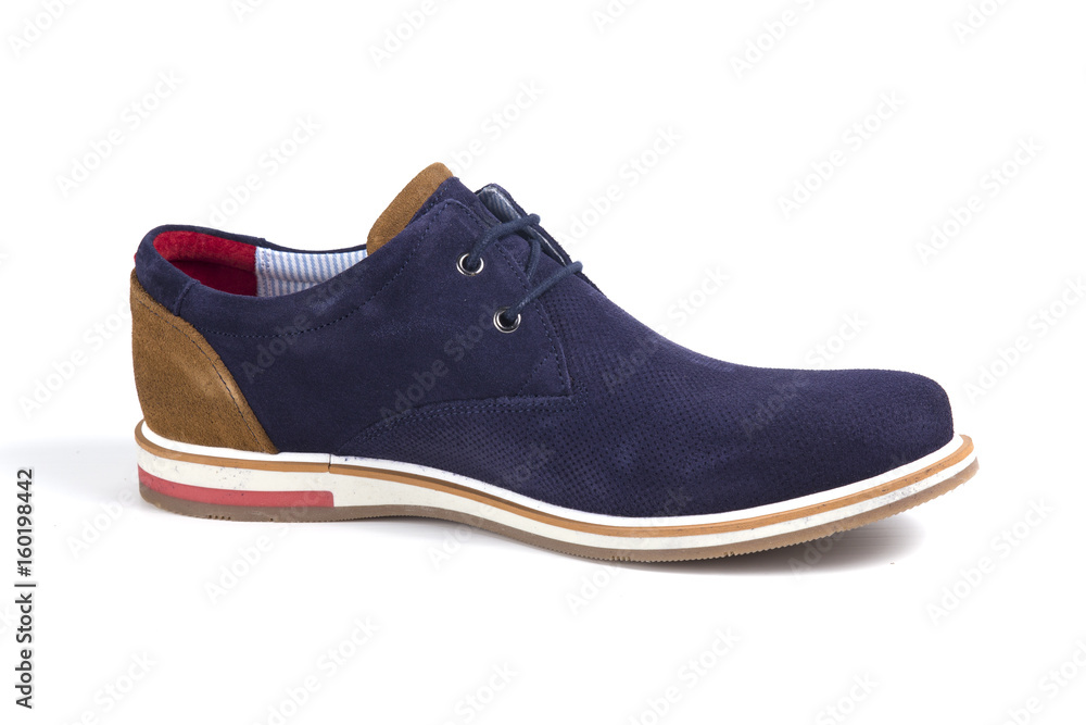 Male Blue Shoe on Black Background, Isolated Product, Top View, Studio. Male Blue Shoe on Black Background, Isolated Product, Top View, Studio.