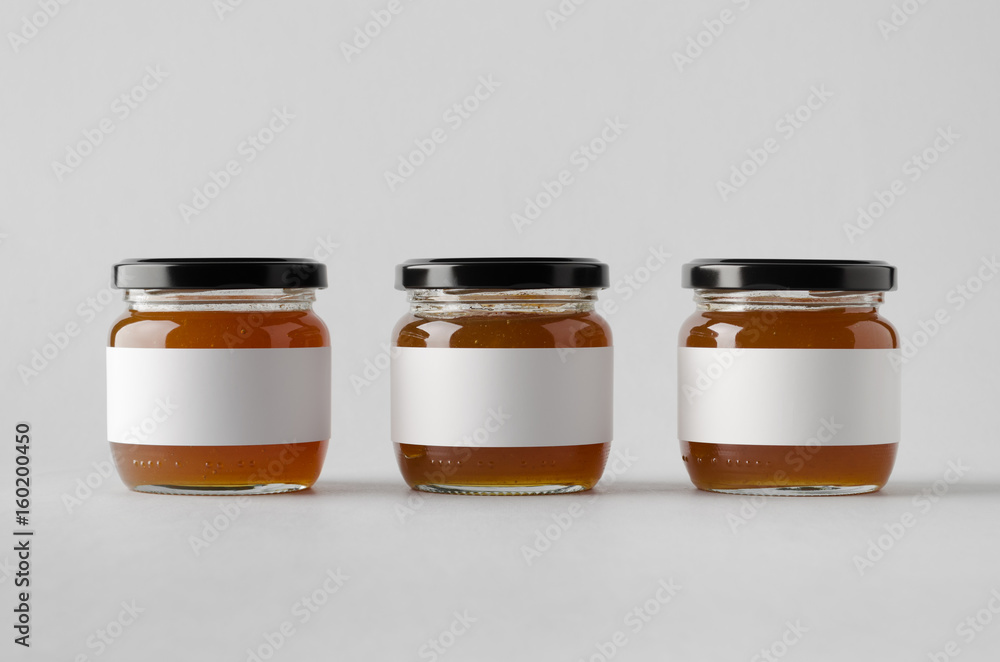 Apricot Jam Jar Mock-Up - Three Jars. Blank Label Apricot Jam Jar Mock-Up - Three Jars. Blank Label
