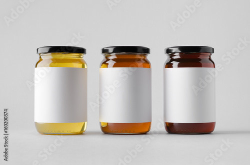 Photo Honey Jar Mock-Up - Three Jars. Blank Label