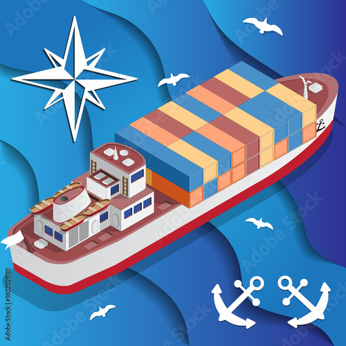 Ship for transporting containers. Isometric. Vector illustration.