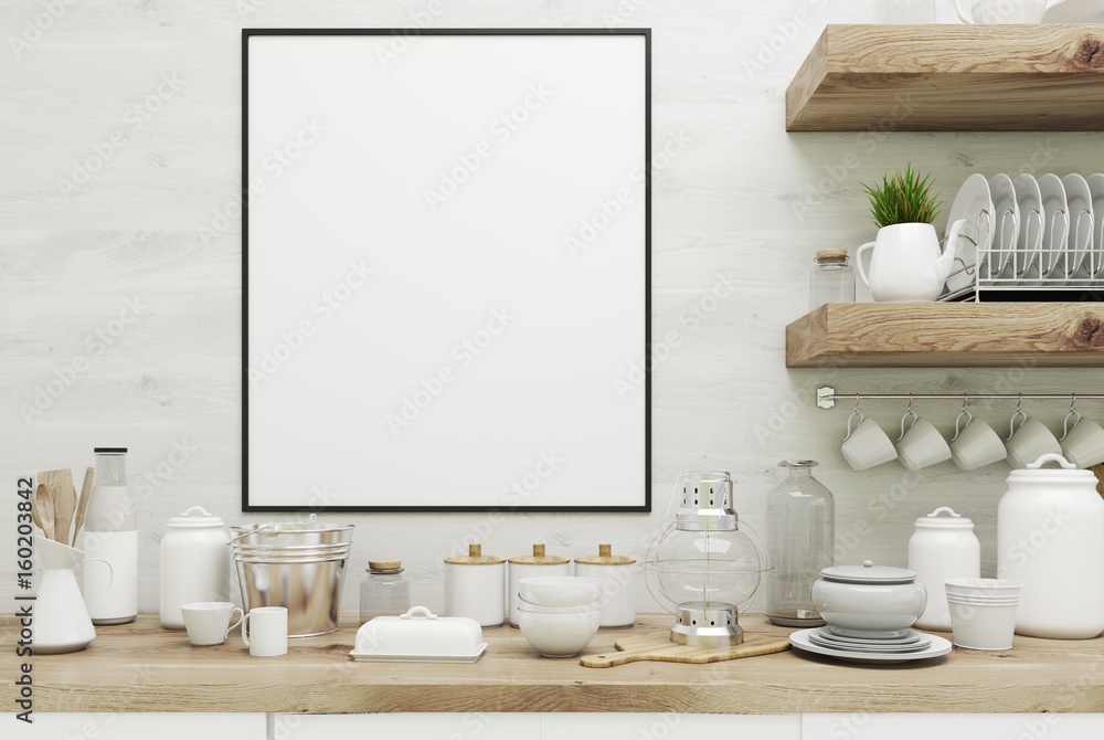 White kitchen with poster, shelves close up White kitchen with poster, shelves close up