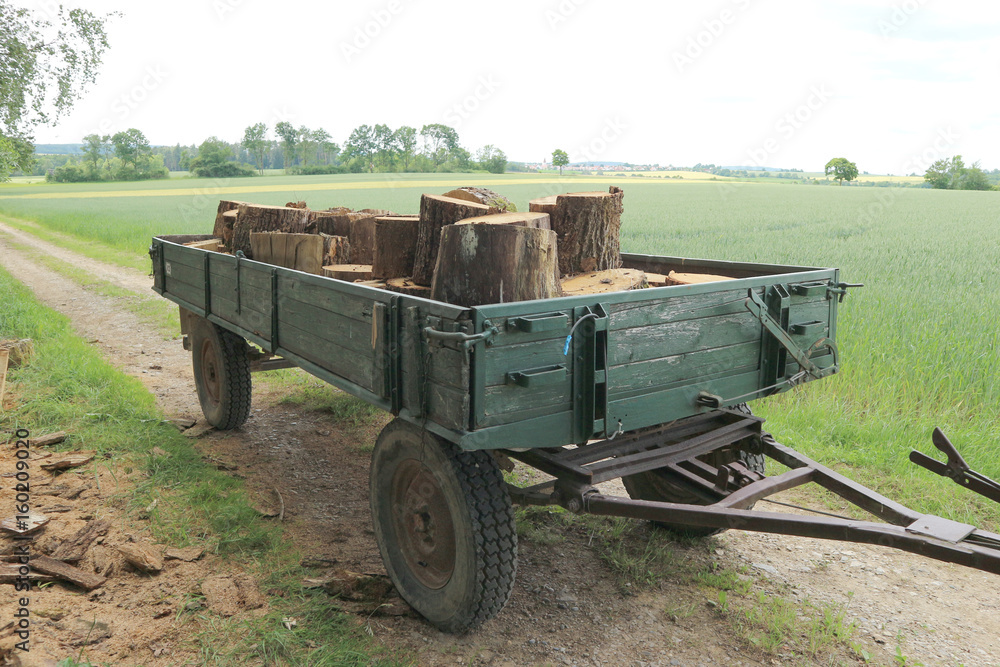 Traktor und Anhänger mit Holz beladen Stock-Foto | Adobe Stock