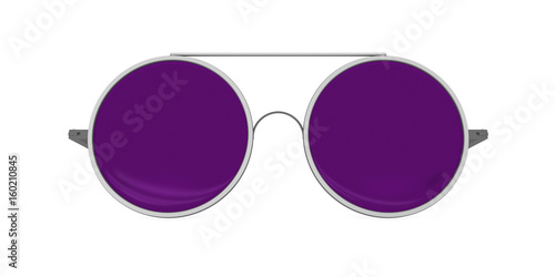 Fashion sunglasses in a thin silvery frame with round deep purple glasses, 3d render, 3d illustration