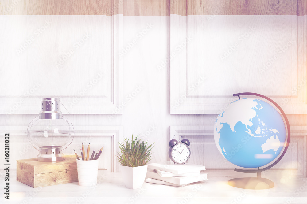 Kids room or home office white table, wood toned Kids room or home office white table, wood toned