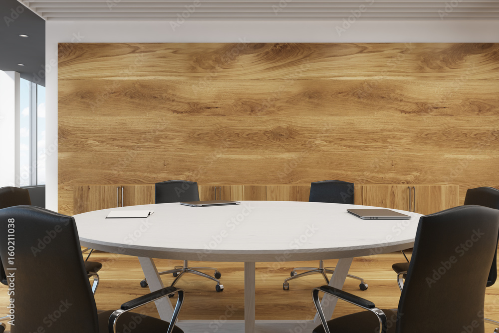 White round conference room table close up White round conference room table close up
