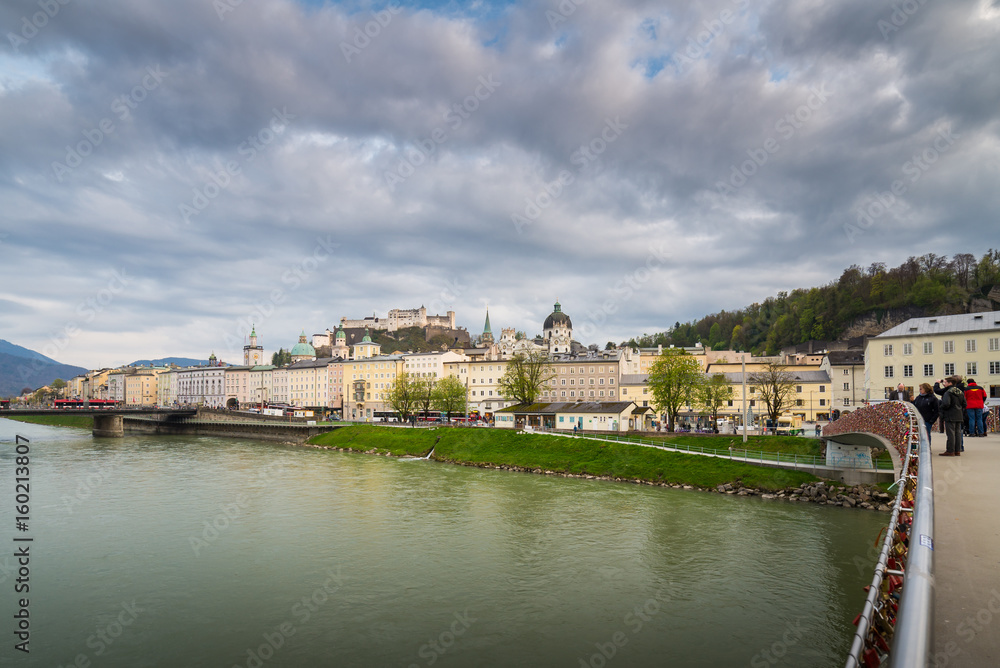 View of Fortress Hohensalzburg. and Salzach river in Salzburg