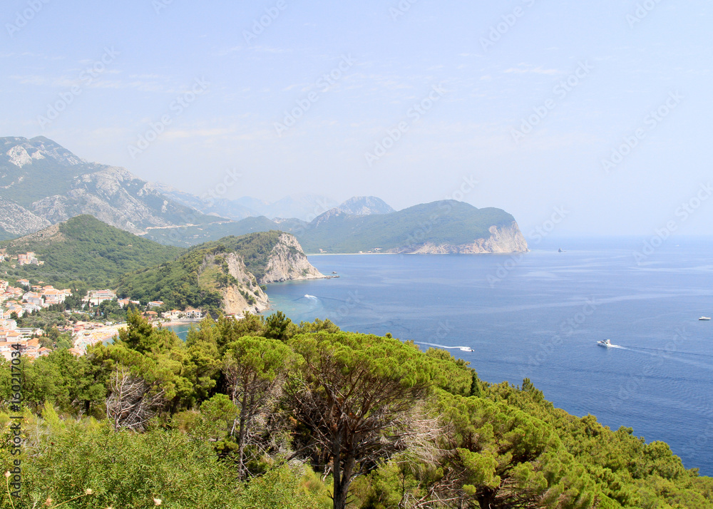 Beautiful sea landscape with rocks, trees. Montenegro, Ulcin