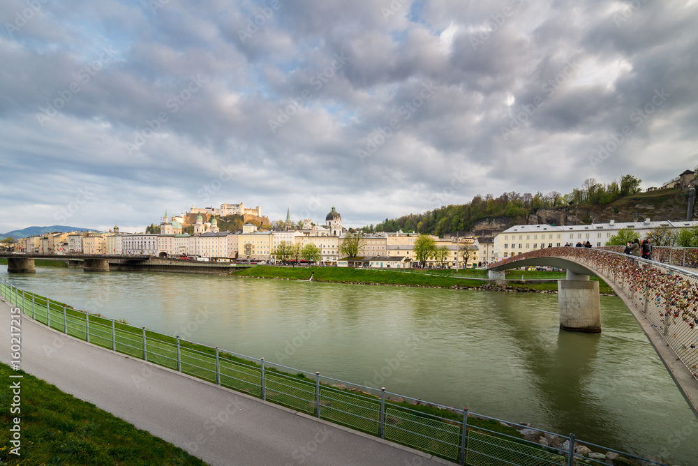 View of Fortress Hohensalzburg. and Salzach river in Salzburg