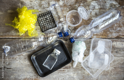 empty plastic bags, containers, bottles photo