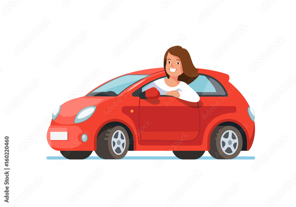 Fototapeta premium Wektorowa płaska ilustracja szczęśliwej młodej kobiety kierowcy obsiadanie jedzie w jego czerwonym samochodzie. Koncepcja projektowa zakupu nowego samochodu