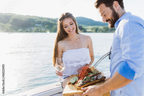 Lobster dinner on boat at lake