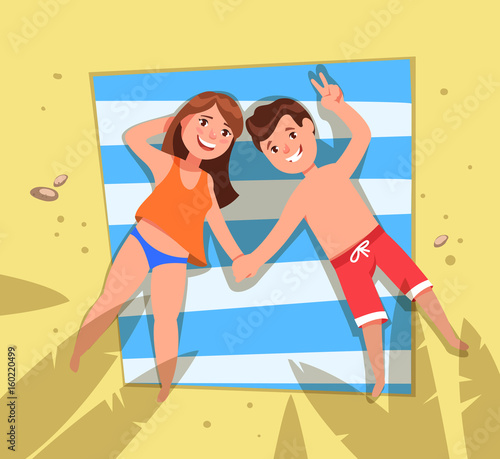Vector illustration couple young woman and man lying down sunbathe on the beach top view. Summer holiday vacation and leisure