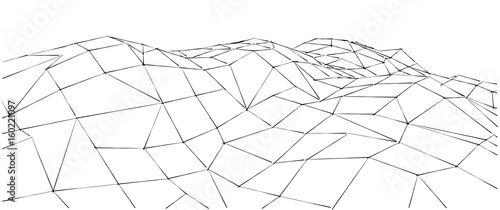 Low-poly geometric 3D mountain landscape. Abstract background. Wire outline lines.