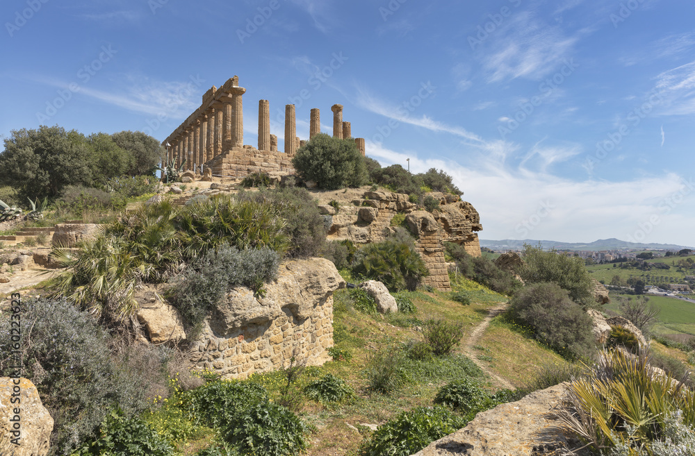 Temple of Juno on the rocky crest in Valley of the Temples near Agrigento, Sicily, Italy
