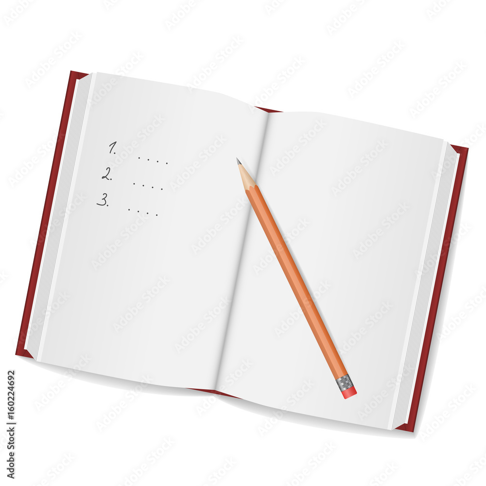 Open blank notebook and a pencil with eraser isolated on white background. Back to school. Education and school concept. Vector illustration Open blank notebook and a pencil with eraser isolated on white background. Back to school. Education and school concept. Vector illustration