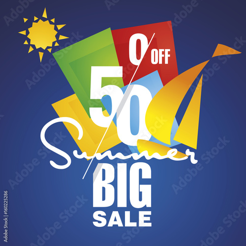 Big Summer sale 50 percent off discount sailboat blue background