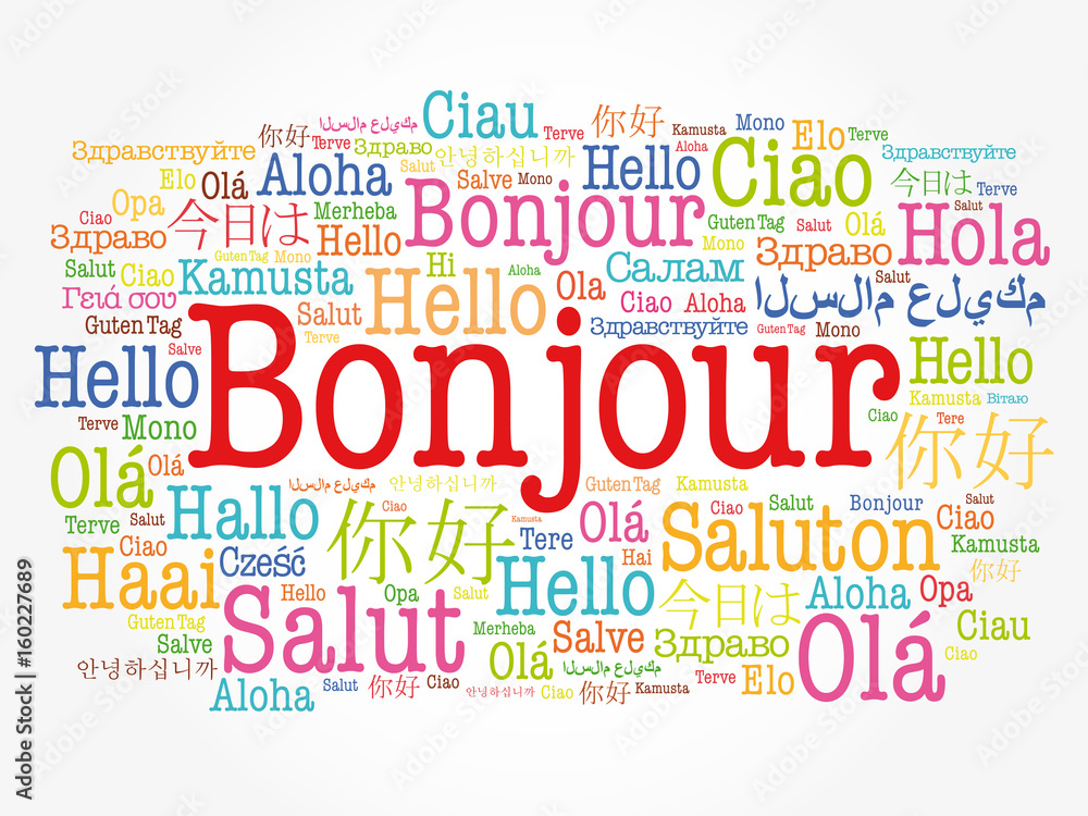 Bonjour (Hello Greeting in French) word cloud in different languages of the world, background concept Bonjour (Hello Greeting in French) word cloud in different languages of the world, background concept