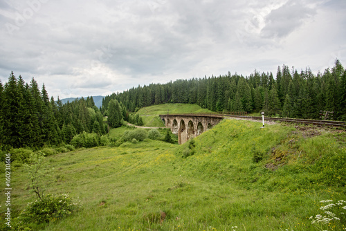 Old stone railroad bridge among fir trees