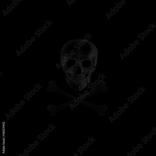 Isolated grey color image of skull on black background, crossbones vector illustration