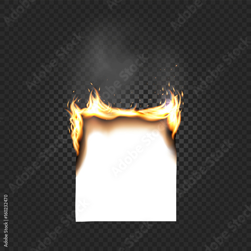 Burning Paper Sheet A4 Edges Close up Isolated on Black Checkered Background. A smoking sheet of paper with fire vector illustration.