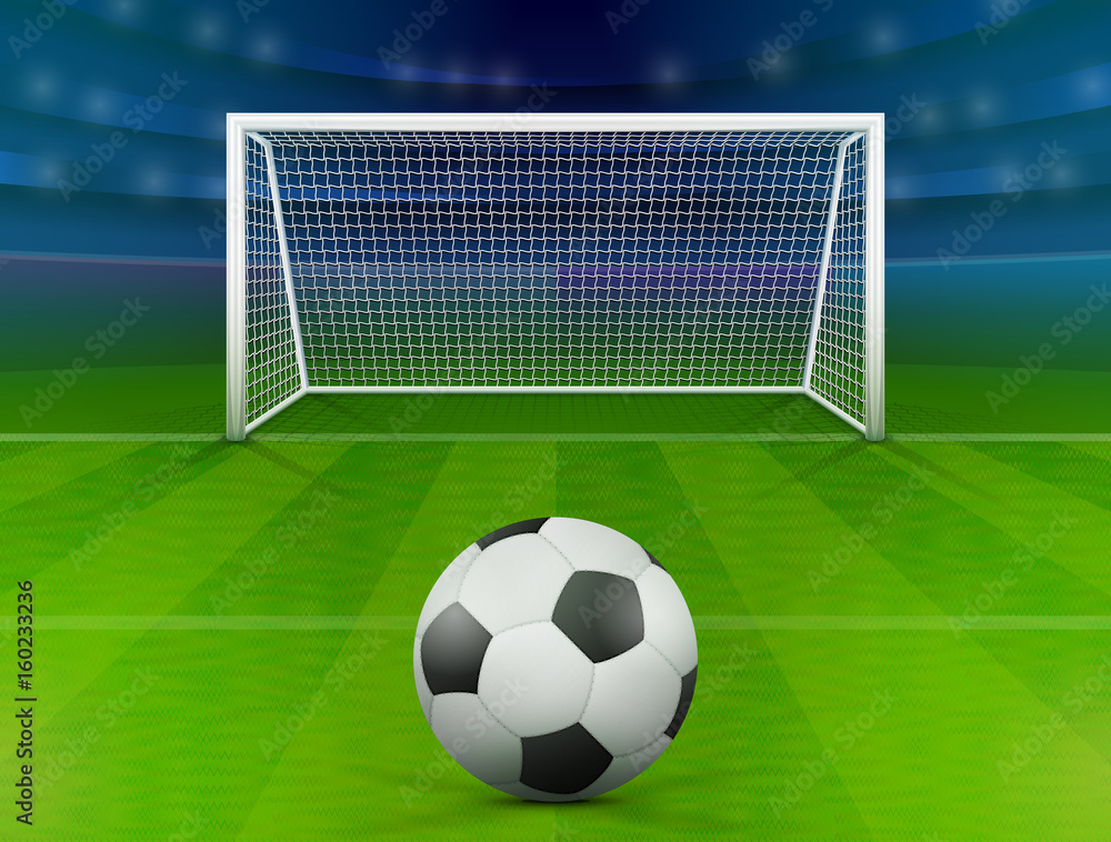 Naklejka premium Soccer ball on green field in front of goal post. Association football ball against soccer stadium. Best vector illustration for soccer, sport game, football, championship, gameplay, etc