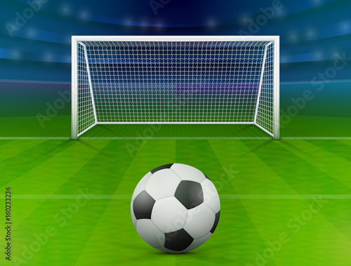 Soccer ball on green field in front of goal post. Association football ball against soccer stadium. Best vector illustration for soccer, sport game, football, championship, gameplay, etc