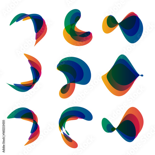 Flattened rainbow, colorful lines with the effect of imposing. Vector collection of logos, abstract shapes and symbols. Deformed colorful drops.