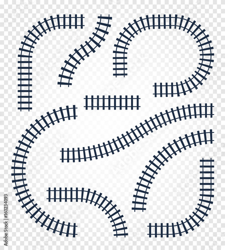 Isolated curvy and straight rails set, railway top view collection, ladder elements vector illustrations on white background