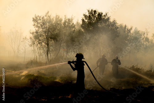 Fotografia Smoke field and fireman after wildfire sihouette.