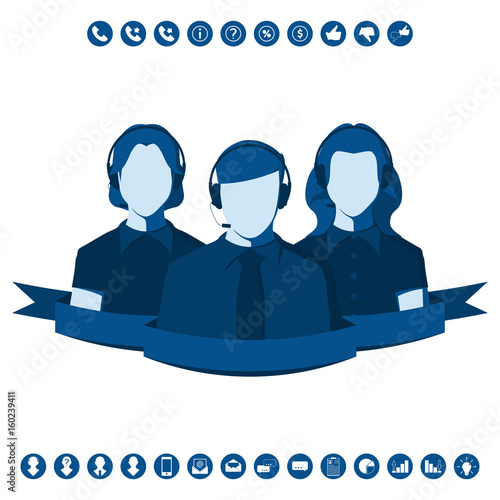 Male and female silhouettes of call center operators with headset. Customer service representative, faceless man and woman. Vector icon set in flat style.