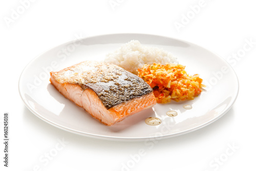 Roast salmon with white rice on white background 
