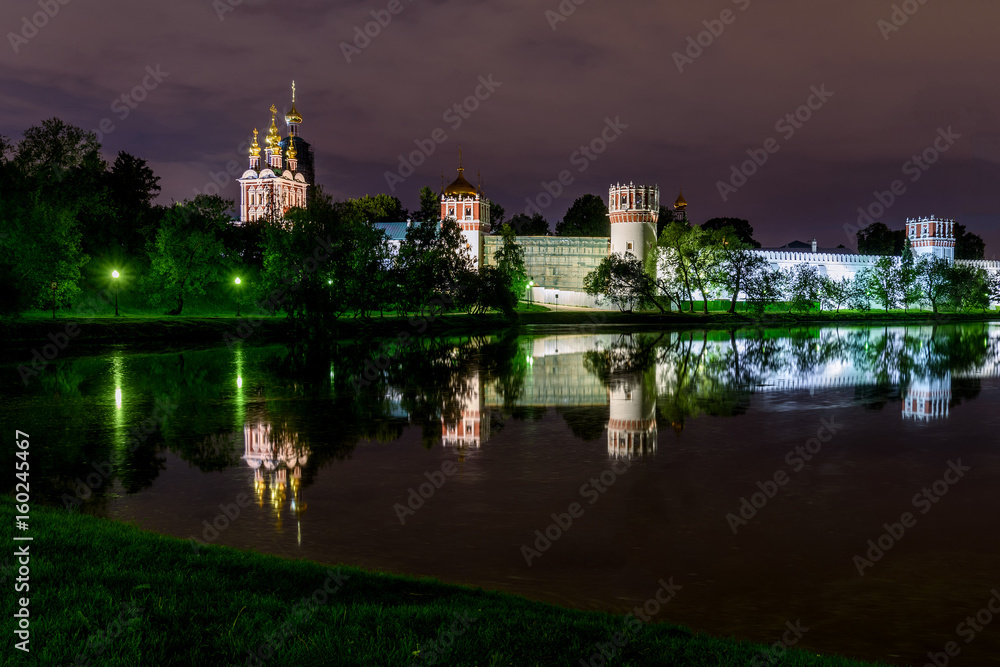night Moscow Novodevichy monastery river reflection