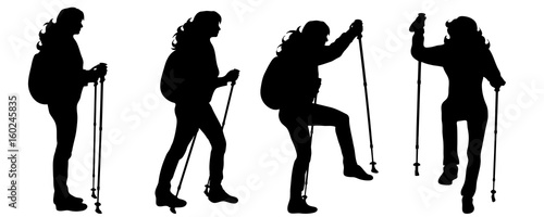 Vector silhouette of woman who walk with nordic walking on white background.