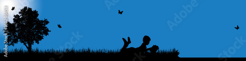 Vector silhouette of boy in nature at sunny day.