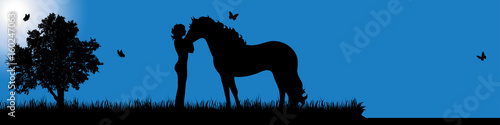 Vector silhouette of girl with horse in nature at sunny day.