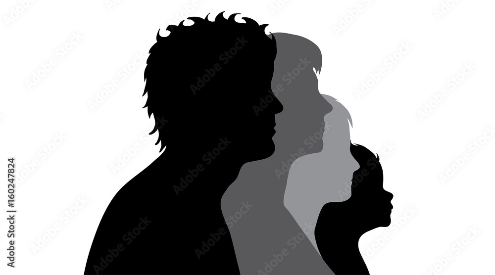 Vector silhouette of faces of family on white background.