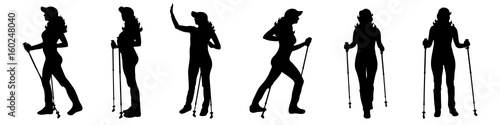 Vector silhouette of woman who walk with nordic walking on white background.