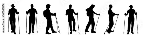 Vector silhouette of man who walk with nordic walking on white background.