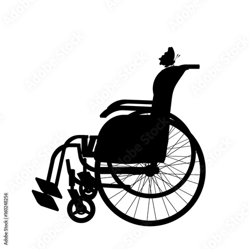 Vector silhouette of wheelchair with butterfly on white background.