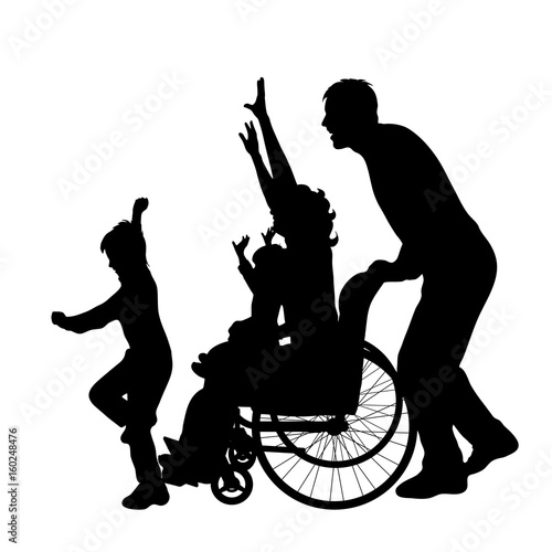 Vector silhouette of family with woman on wheelchair on white background.