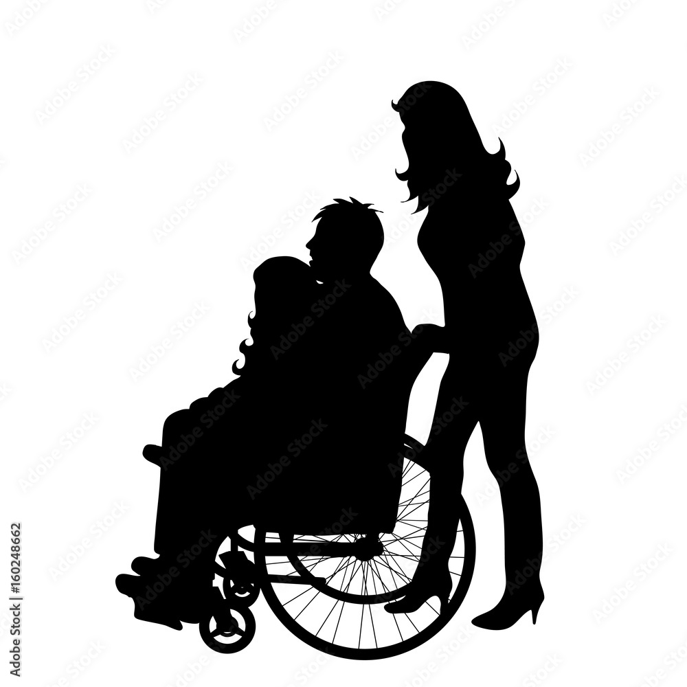 Vector silhouette of family with man on wheelchair on white background. Vector silhouette of family with man on wheelchair on white background.