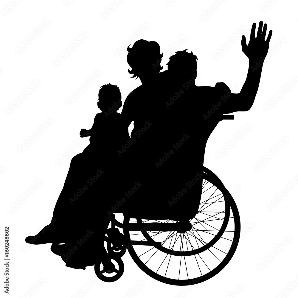 Vector silhouette of family with man on wheelchair on white background. Vector silhouette of family with man on wheelchair on white background.