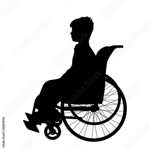 Vector silhouette of boy on wheelchair on white background.