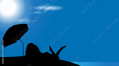 Vector silhouette of woman on the beach at sunny day.