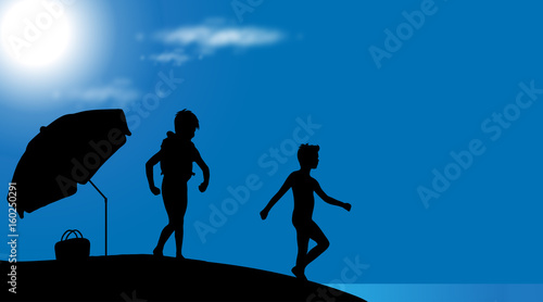 Vector silhouette of children on the beach at sunny day.