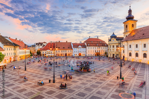 Sibiu, Romania. Large Square (Piata Mare) with the City Hall and Brukenthal palace in Transylvania. photo