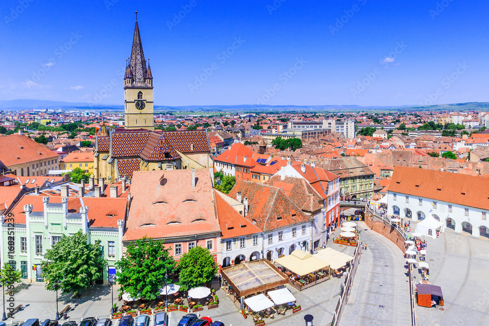 Sibiu, Romania, Lutheran cathedral tower and Small Square (Piata Mica).