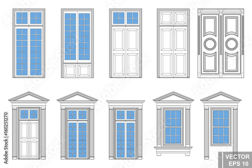 A set of classic doors. Circuit. Interior. Isolated on a blue background.