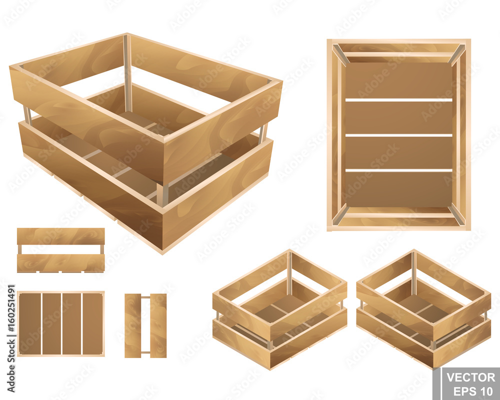 Set of wooden box. For fruits and vegetables. Texture. Isolated on white background. Set of wooden box. For fruits and vegetables. Texture. Isolated on white background.