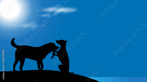 Vector silhouette of dog on the beach at sunny day.